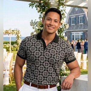 Express Black and Gray Patterned Polo Shirt